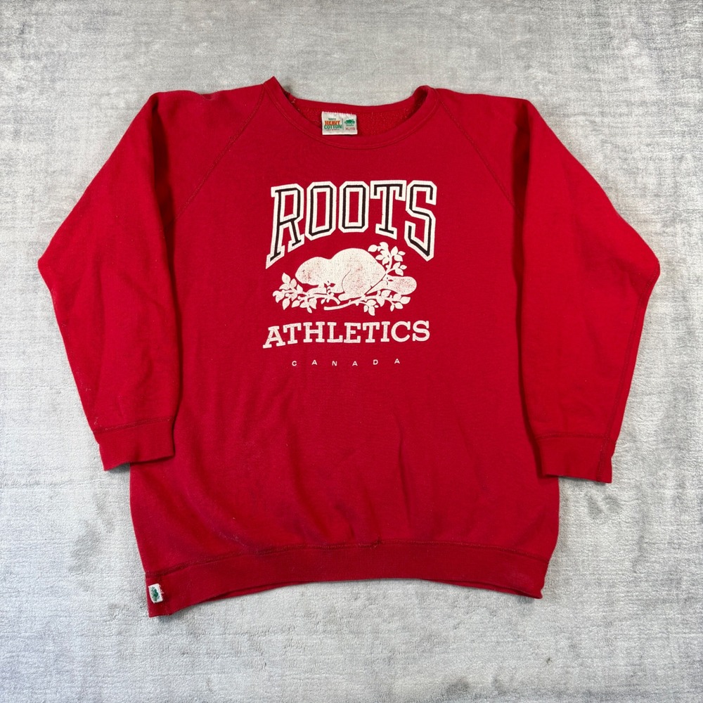 Roots Athletics Sweatshirt Men XL Red Vintage 80s Beaver Logo Crewneck Canada